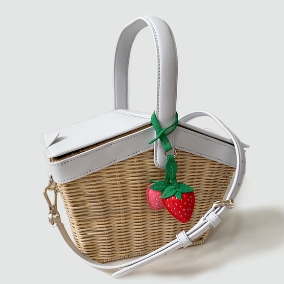Kate Spade Strawberry Basket Lined Gingham Picnic Wicker Basket Satchel - Picture 3 of 8